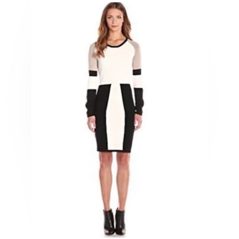 CALVIN KLEIN Colorblock Knit Long Sleeve Dress Black Taupe Cream